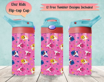 Cartoon 12oz Kids Tumbler Wrap Png Sublimation, 12oz Sippy Cup Png Designs, 12oz Water Bottle Full Wrap Template, 12oz Flip-Top Tumbler Png