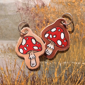 Handmade Mushroom Keychain / Handmade Leather Keychain / Hand Painted Leather Keychain