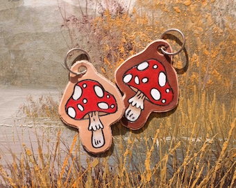 Handmade Mushroom Keychain / Handmade Leather Keychain / Hand Painted Leather Keychain