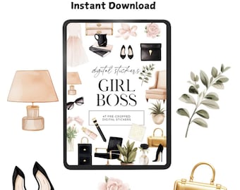 May include: A digital sticker set with 47 pre-cropped images featuring a variety of items, including a lamp, glasses, a chair, a potted plant, a handbag, shoes, and a rose. The stickers are designed in a watercolor style with a pink, black, and gold color scheme. The text "digital stickers GIRL BOSS" is featured on the image.