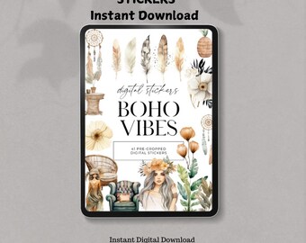 Boho Vibes Digital Sticker Book Goodnotes Stickers iPad Stickers for iPad Planner or Goodnotes Planner Pre-Cropped Journal Stickers PNG