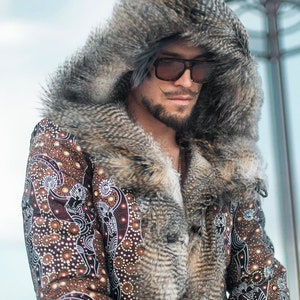 MASTER OF WHISPERS Faux Fur Coat for Men for Burning Man | Reversible Playa Jacket | Mens Festival Costume | Ready-To-Ship (M)