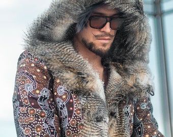 メンズ フェイクファー チンチラ ウィンターコート ホワイト ブラック