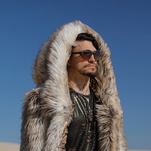 GOLDEN LION Faux Fur Coat for Burning Man | Reversible Festival Wear | Men's Hooded Coat | Playa Jacket for Men | Men’s Costume