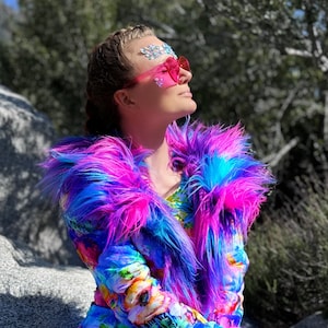 ELECTRIC DAISY Faux Fur Coat Ready to ship Size S | Burning Man Costumes | Burning Man | Playa Jacket | Faux fur coat for women | Boho Coats