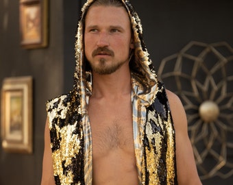 Golden Phoenix KIMONO VEST Gold/Black Reversible Sequins | Duster | Burning Man  | Outwear for Men | Cape | Festival Outfit | Boho Coats