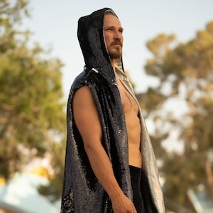 Black Knight KIMONO Silver/Black Reversible Sequins | Duster | Burning Man | Kimono | Outwear for Men | Cape | Festival Outfit | Boho Coats