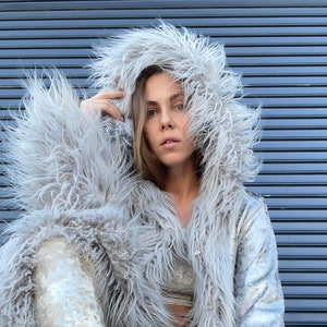 LUNA Faux Fur Coat With Dragon Scale  Sequence | Burning Man | Playa Jacket | Faux fur coat | Festival Outfit | Boho Coats