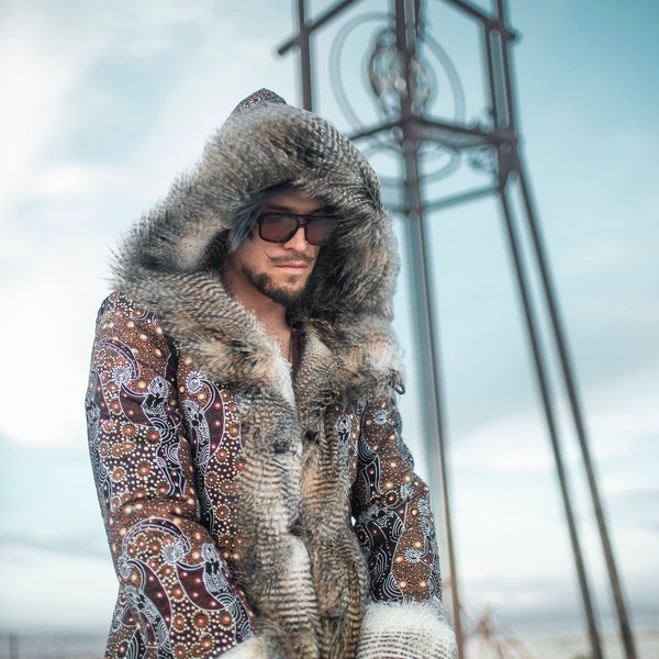 The MASTER OF SPIRITS Faux Fur Coat for Men | Burning Man | Reversible Playa Jacket | Mens Festival Costume | fur coat for men | BohoCoats