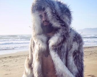 LORD OF WOLVES Faux Fur Coat for Burning Man | Playa Jacket | Mens Costume | Fur Coat for Men | Hood and Spacious Pockets | Boho Coats