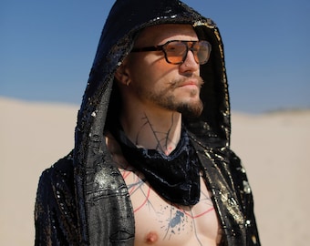 GOLDEN WARRIOR Kimono for Burning Man | Reversible Black and Gold Festival Wear | UV Protection | Lightweight Kimono | Festival Outfit