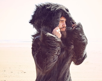 BLACK WOLF Fur Coat for Men | Burning Man | Reversible Playa Jacket | Mens Festival Costume | Faux fur coat for men | Boho Coats