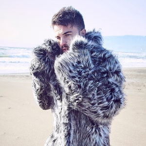 Mr GREY Reversible Faux Fur Coat | Burning Man | Playa Jacket | Mens Costume | Faux fur coat for men | Festival Outfit | Boho Coats