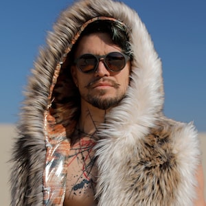 DESERT WOLF Faux Fur Hooded Vest for Burning Man | Reversible Festival Wear | Unique Rave Vest | Faux Fur Hooded Vest | Boho Coats