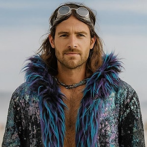 MAGIC DRAGON (XL) Men&#39;s Faux Fur Coat for Burning Man | Luxurious Rave Wear | Reversible Jacket | Sequins Coat | Festival Jacket | BOHOCoats