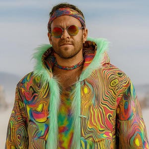 KALEIDO MINT Reversible Faux Fur Festival Coat | Psychedelic Mint Fur Hoodie | Burning Man Jacket | Rave Wear | Playa Coat | BOHO Coats
