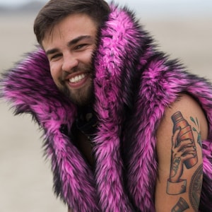 PINK HUSKY Faux Fur Vest for Burning Man | Playa Jacket | Mens Costume | Faux Fur Vest for Men | Fake Fur | Ready-to-Ship (L)