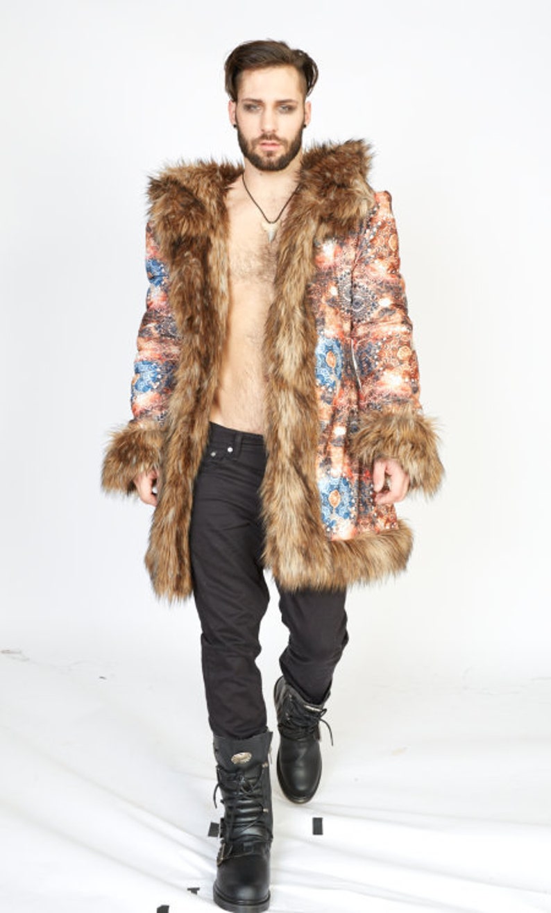 Sacred Geometry Fur Coat Burning Man Playa Jacket Mens Costume Faux For Men Boho Coats