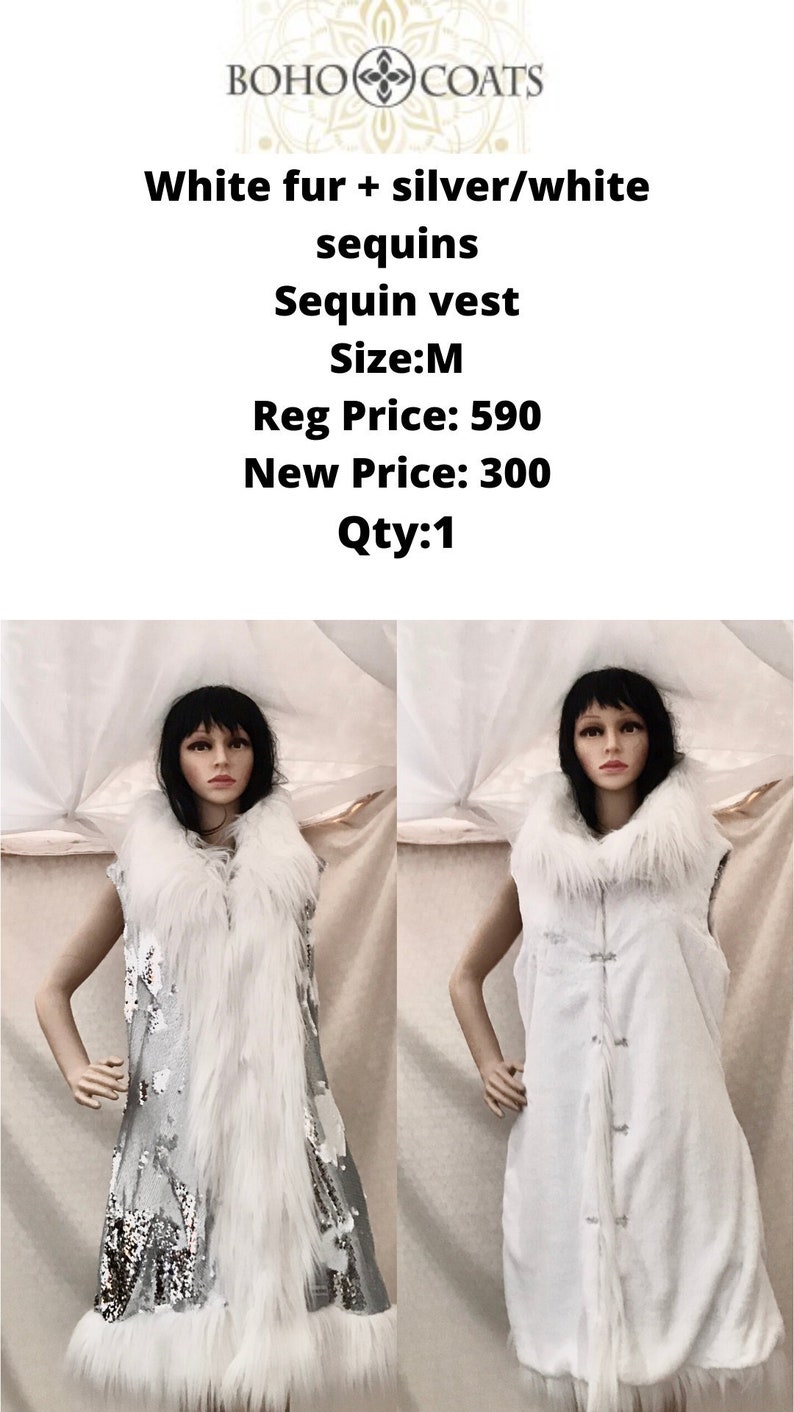 Burning Man Playa Jacket Size M Faux fur vest White fur Boho Coats silver/_white sequins