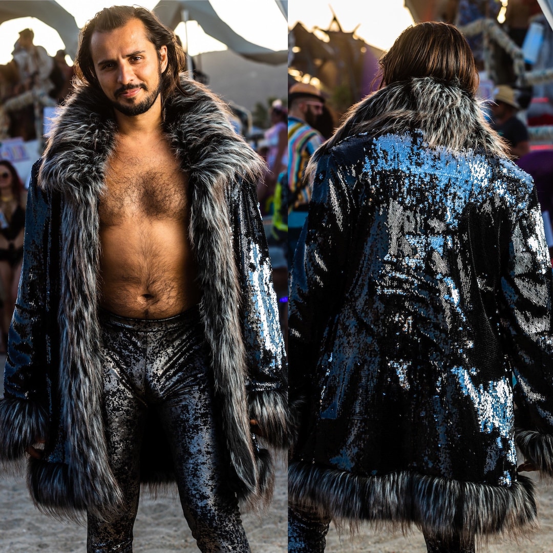 SILVER DRAGON Fur Coat Burning Man Playa Jacket Mens Costume Faux Fur Coat for Men Boho Coats Etsy