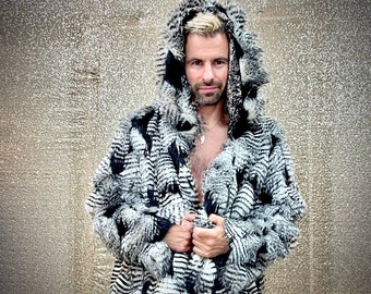 Cappotto in pelliccia sintetica DREAM OF FALCON / Giacca a righe bianche e nere da uomo / Moda boho invernale / Cappotto da festival audace / Dichiarazione di lusso / BOHOCoats