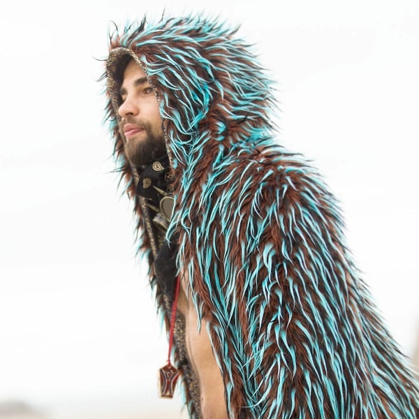 GYPSY SOUL Faux Fur Coat |  Fun Blue Funky Disco Men's Faux Fur Coat | Burning Man | Festival Clothing | Playa Jacket | BOHO Coat