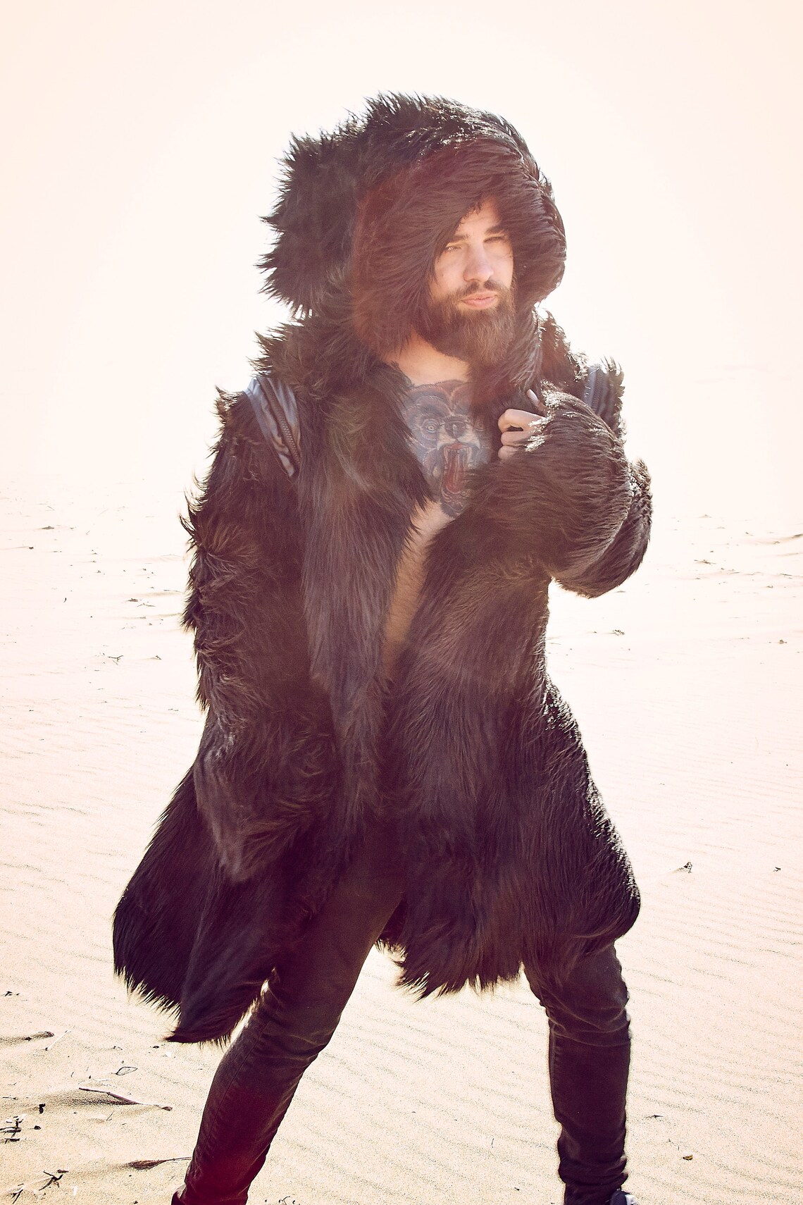 BLACK WOLF Fur Coat for Men Burning Man Reversible Playa Jacket Mens
