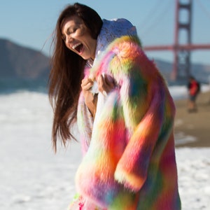 RAINBOW Festival Faux Fur Coat | Burning Man clothing | Burning Man fur jacket | Burning Man costume | Boho Coat