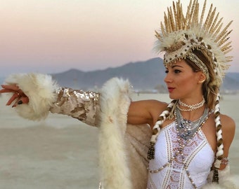 CLEOPATRA Faux Fur Coat With Dragon Scale Reversible Sequence | Burning Man | Playa Jacket | Faux fur coat | Festival Outfit | Boho Coats