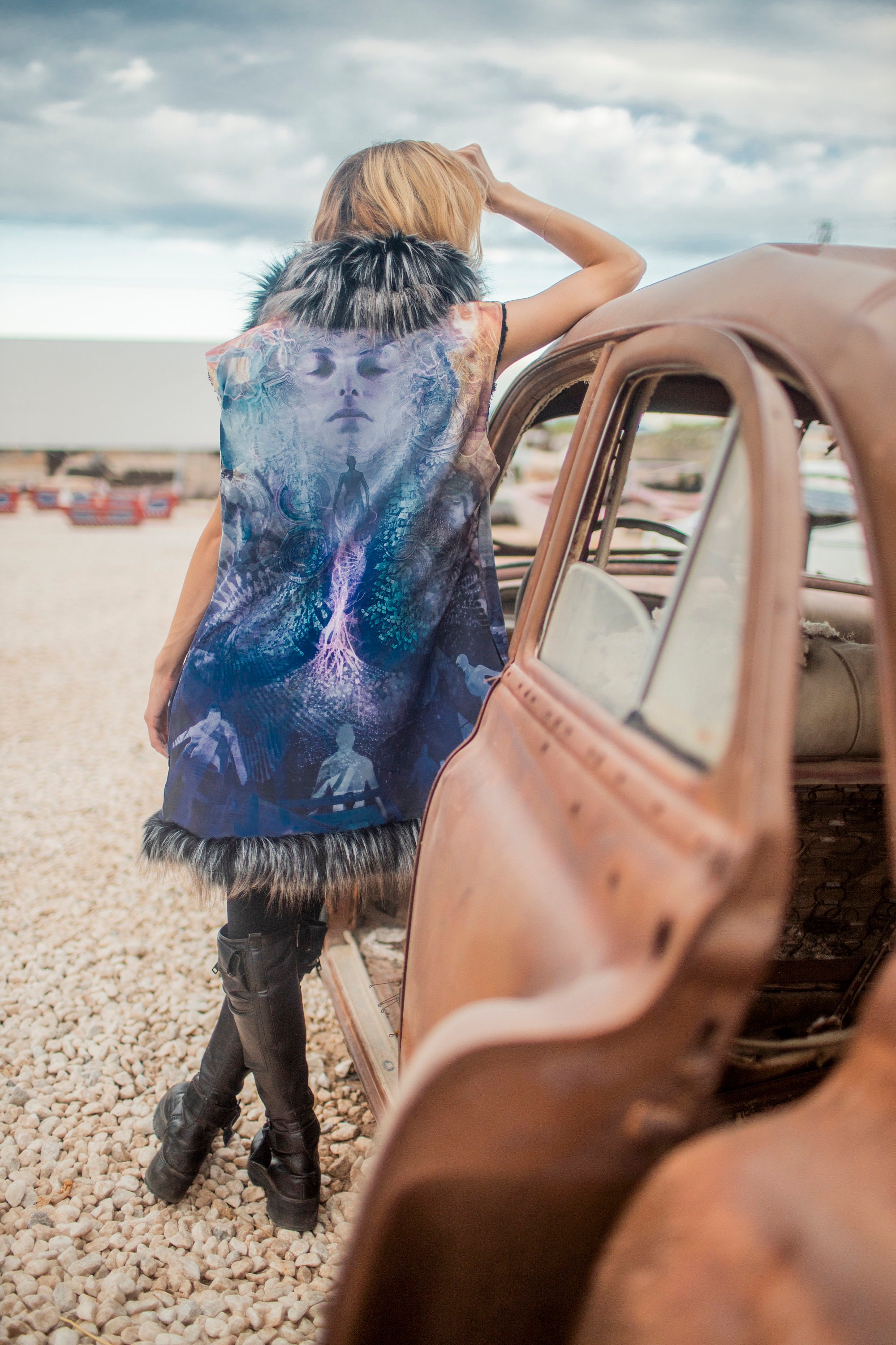 EXISTENCE Fur VEST| Burning Man Fitted Vest | Playa Jacket | Faux fur vest | Android Jones | Boho Coats