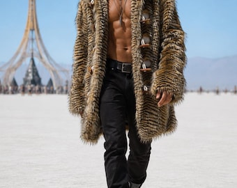 Master Of Spirits in Brown - Ready to ship- Faux Fur Hooded Coat | Reversible Playa Festival Jacket