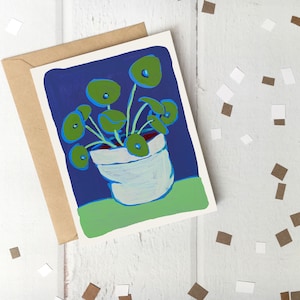 Tarjeta con planta de interior Pilea peperomioides, tarjeta con planta de interior, tarjeta de felicitación en blanco, tarjeta con planta