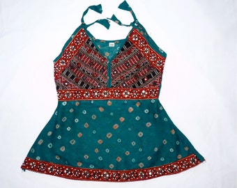 SPECIAL-50% OFF - Green Toddler's dress, Hand Tie-dyed design with embroidery, sequence, and mirrors. Cotton.