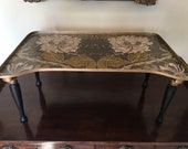 Stunning original large antique bed tray painted black gold, decoupaged Morris honeysuckle tulip paper, laptop, folds flat, Mother 39 s day