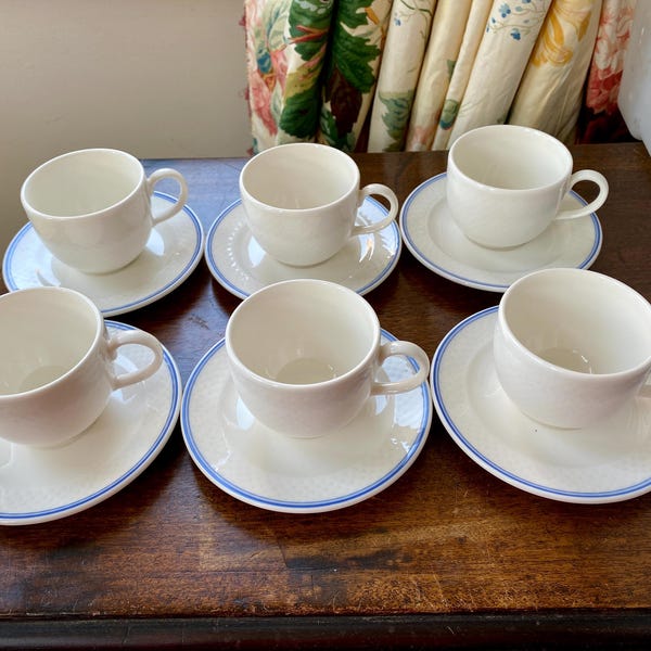 Iconic Villeroy & Boch cups saucers Luxembourg and Tipo blue design, sold as pairs -3 sets available no chips or cracks discontinued in 2001