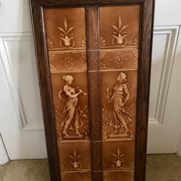 Amazing original large Art Nouveau deeply moulded majolica/pottery/relief framed tiles in old oak frame - 10 in total very rare