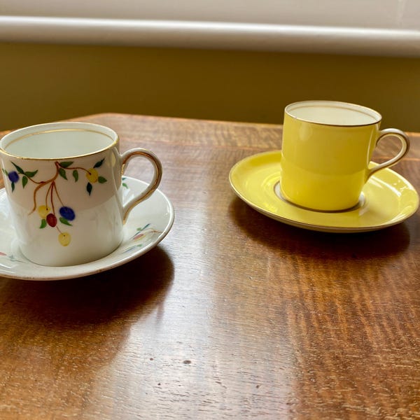 Attractive set of bone china mocha/espresso cups saucers in lovely condition- great gift for a coffee drinker- 2 different designs