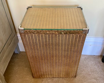 Rare Original  Lloyd Loom Lusty rectangular Laundry basket from 1950s with unusual glass topped lid and in original gold finish