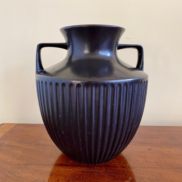 Black fluted mid century fluted 2 handled baluster pottery vase height 21 cm in excellent used condition from c 1950/60s possibly Devonware?