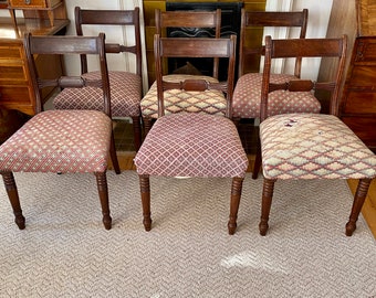 Set of 6 Victorian antique Georgian style solid mahogany bar back dining chairs with turned legs and overstuffed seats c. 1900