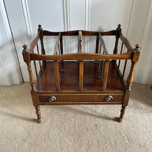 A lovely vintage reproduction mahogany Canterbury/ magazine/newspaper holder/rack sitting on 4  brass castors & useful drawer good condition