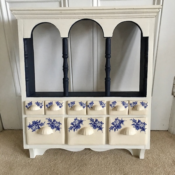 Amazing up cycled dark blue/off white chalk painted solid pine shelves with fab china drawers suitable for kitchen or bathroom - unusual!