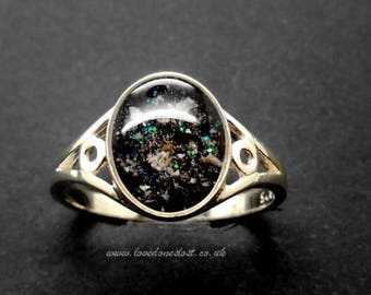 Cremation Jewellery, sterling silver ring with resin set cabachon in UK sizes J to T ( special offer )