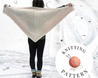 May include: A cream-colored, triangular shawl with horizontal striped detailing is held up against a snowy backdrop. The shawl is the focal point, with the text "KNITTING PATTERN" and a yarn ball logo in the lower right corner.
