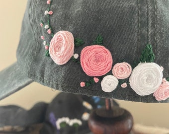 White and Pink Rose Garden Embroidered Dad Hat