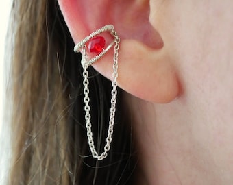 bague d'oreille en argent tissé - perle rouge et chaîne