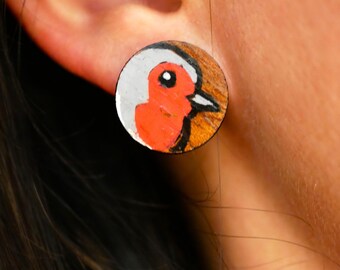 Mahogany wood stud earrings – Hand-drawn bird – Minimalist jewelry – Stainless steel