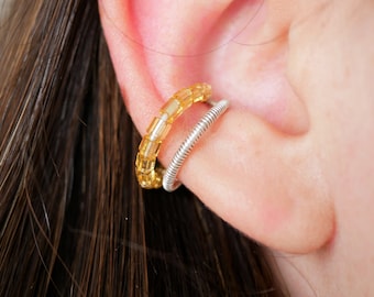 Minimalist silver and yellow pearl ear ring