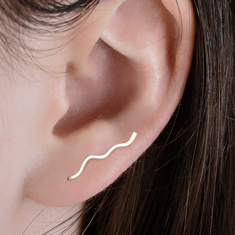 Long pair of silver ear climbers thin zig zag earrings in sterling silver 950 / ear cuff image 1