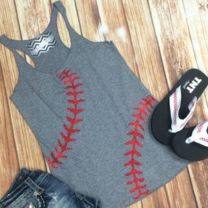 Baseball Tank Top || Baseball Mom || Heather Grey Racerback || Relaxed Fit || Red Glitter Baseball Laces || Lightweight Thin Baseball Tank